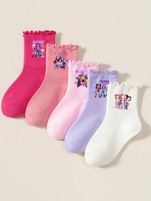 KPop Demon Hunters 1/1/5 Double K-Pop Girl Group Character Print, Ruffle Cuff, Girls' Ruffle Socks, Baby Socks, Girls Back To School, New Girls' Outfit Matching, Girls' Socks, Skin-Friendly Elastic Breathable Fabric, Ruffle Ribbed Cuff Doesn't Bind Ankles, Durable And Resistant To Deformation; Sweet Korean Style, Macaron Multi-Color Sock Body With K-POP Cartoon Girl Group Print, Children's Versatile School Socks - Multicolor - View 3