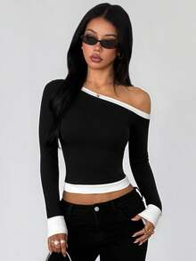 VENORA Contrasting Color Slashed Shoulder Long-Sleeved T-Shirt Women's 2026 Autumn New Off-The-Shoulder Slim Top,Daily Casual,Sexy,Y2k,Halloween - Black - View 2