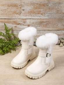 1 Pair Fuzzy High-Top Girls' Boots, Cute Functional Style With Buckle Design, Warm And Non-Slip, Suitable For Autumn/Winter, Daily Parent-Child Outings, School, Christmas New Arrival - White - View 13