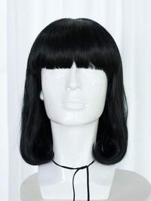 Unisex Black Medium Straight Wig With Full Flat Bangs, Synthetic Hair Costume Wig, Medieval Noble Cosplay Wig For Halloween Carnival Fancy Dress & Themed Event - Multicolor - View 4