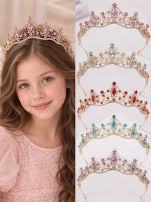 1pc Kids Girls Elegant Flower Sparkly Rhinestone Crown Headband For Birthday Party, Princess Dress-Up, Theme Park, Performance & Photo Hair Accessory - Multicolor - View 1