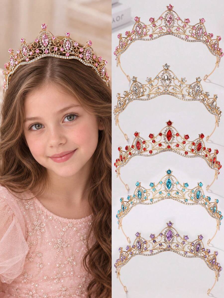 1pc Kids Girls Elegant Flower Sparkly Rhinestone Crown Headband For Birthday Party, Princess Dress-Up, Theme Park, Performance & Photo Hair Accessory - Multicolor - View 1