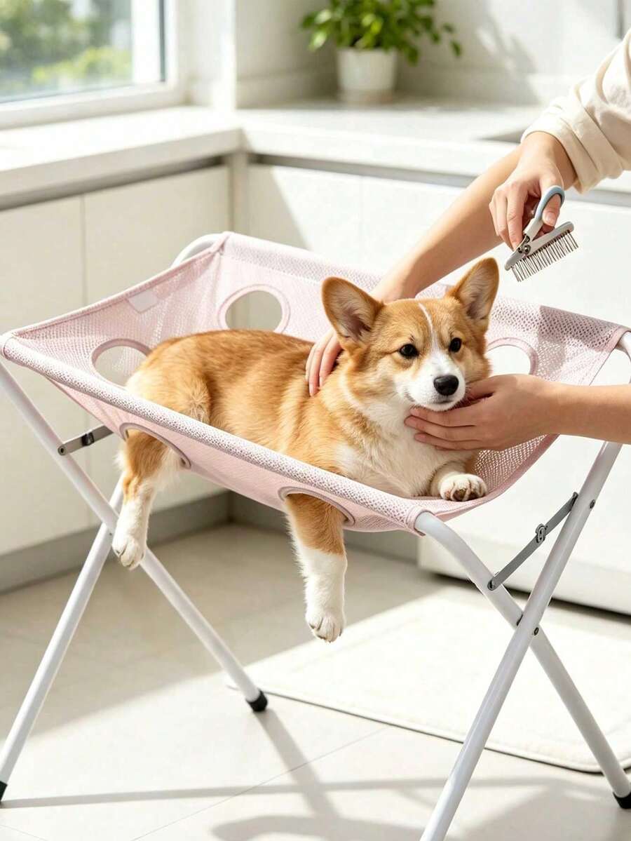 Foldable Pet Grooming Sling/Hammock, Small Home Pet Grooming Station Made Of Washable Canvas, Portable Breathable Mesh Design, Pet Grooming Stand, Multi-Functional Home Pet Grooming Auxiliary Tool, Perfect For Nail Trimming, Brushing, Ear Cleaning, Eye Care, Pet Bathing, Medication Application And Veterinary Examination. - View 1