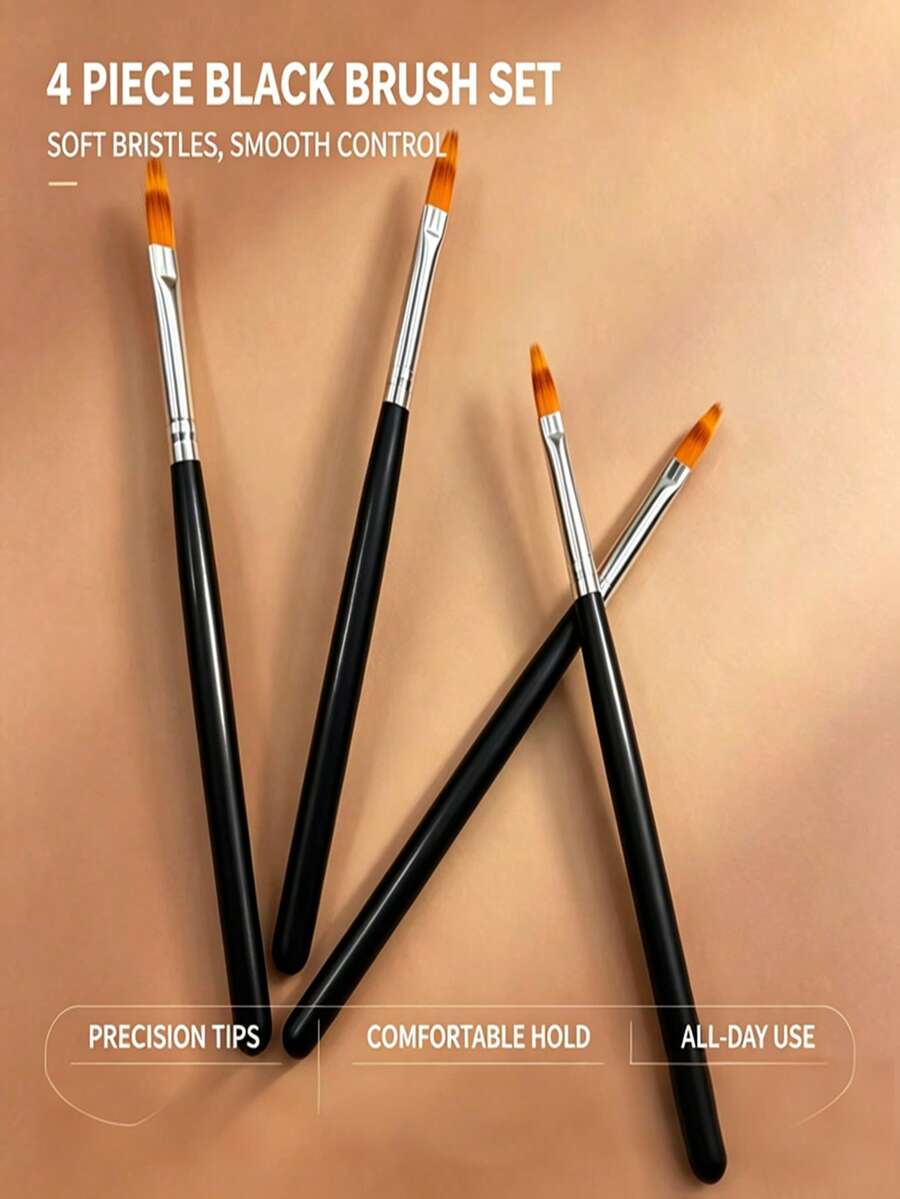 4Pcs Nail Art Painting Brush Set, Black Handle Gel Polish Drawing Pen For Manicure DIY Nail Design Tools