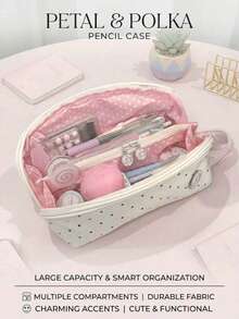 1pc Cute Polka Dot Semi-Circle Pencil Case, White Canvas With Black Dots, Highly Attractive Stationery Bag, Suitable For School And Office Use - Pencil Case - View 1
