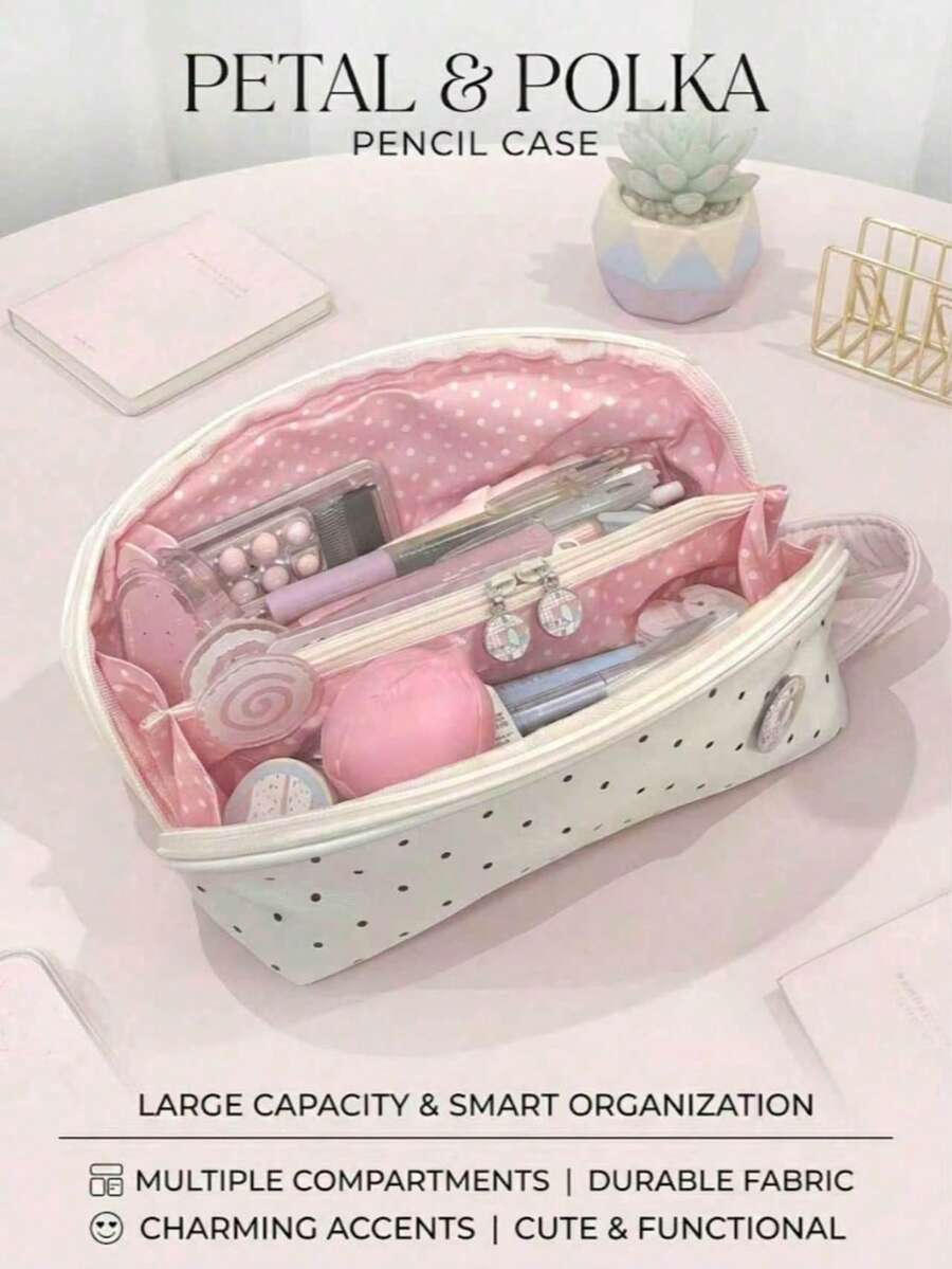 1pc Cute Polka Dot Semi-Circle Pencil Case, White Canvas With Black Dots, Highly Attractive Stationery Bag, Suitable For School And Office Use - Pencil Case - View 1