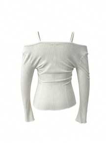 Women's Autumn Lace-Up Cami Patchwork Draped Neck Ruched Slim Fit Knit Long Sleeve T-Shirt Top - White - View 10