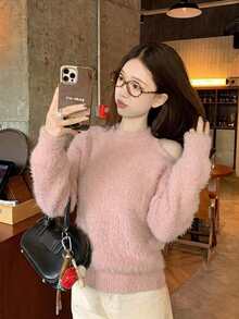 Autumn/Winter Open Shoulder Solid Color Crew Neck Sexy Pullover Sweater - Pink - View 1