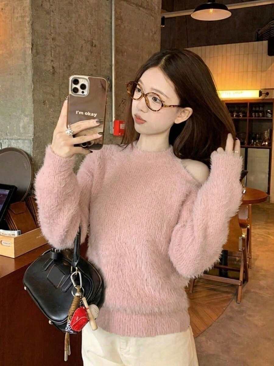 Autumn/Winter Open Shoulder Solid Color Crew Neck Sexy Pullover Sweater - Pink - View 1