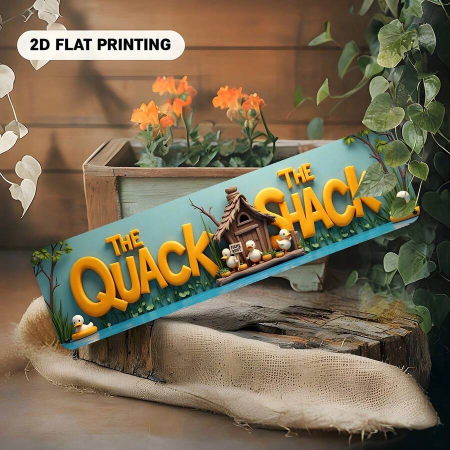 Vintage 2D Flat Sign, Content "The Quack Shack, Featuring Duck And Cottage". This Metal Plaque Is Suitable For Various Locations, Such As Home, Farm, Bathroom, Cafe, Garage, Porch And Bedroom. It Is Durable - A - View 1