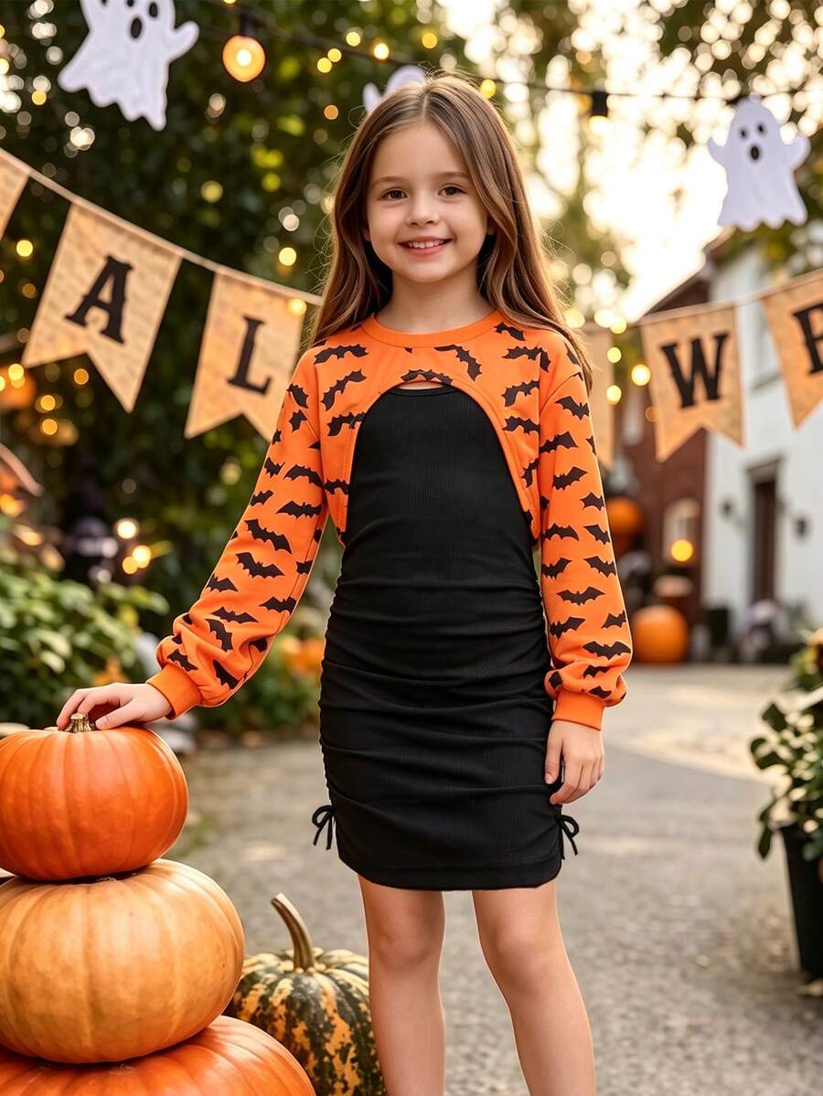 2Pcs Girls 2 Pieces Set Short Hollow-Out Bat Print Sweatshirt & Elastic Ribbed Slim Fit Cami Dress, Casual Vacation Halloween Autumn