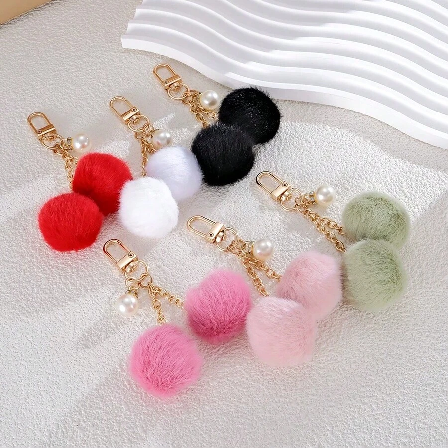 Soft Style Double Plush Ball Pearl Keychain, Cute Faux Rabbit Fur Pom Pom Pendant, Girls Bag Backpack Charm, Car Key Chain, Small Gift - Multicolor - View 1