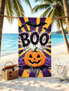 منشفة شاطئ مخصصة باسم بتصميم هالوين Boo مع اليقطين والخفافيش، منشفة ناعمة سريعة الجفاف أحادية الجانب، تصميم هالوين مخيف للشاطئ والمسبح والسفر والتخييم، هدية للأطفال - متعدد الألوان - مشاهدة 3