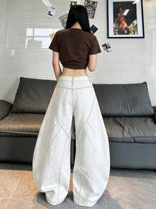 1pc Japanese Street Style Women's Patchwork Button Curved Leg Loose Wide Leg Comfortable All Season Denim Jeans Long Pants (This Product Does Not Include Belt/Accessories) - White - View 5