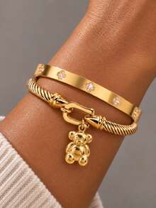 Camhanno 1pc Gold Stainless Steel Bear Pendant Twisted Open Bangle Bracelet With CZ Flower Inlay, Women's Daily Jewelry - Gold - View 5