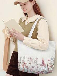 1Pc Flowers & Butterfly Print Corduroy Large Capacity Open Top Tote Bag, Holds Books Daily Essentials For Student School Shopping Daily Travel - Multicolor - View 1