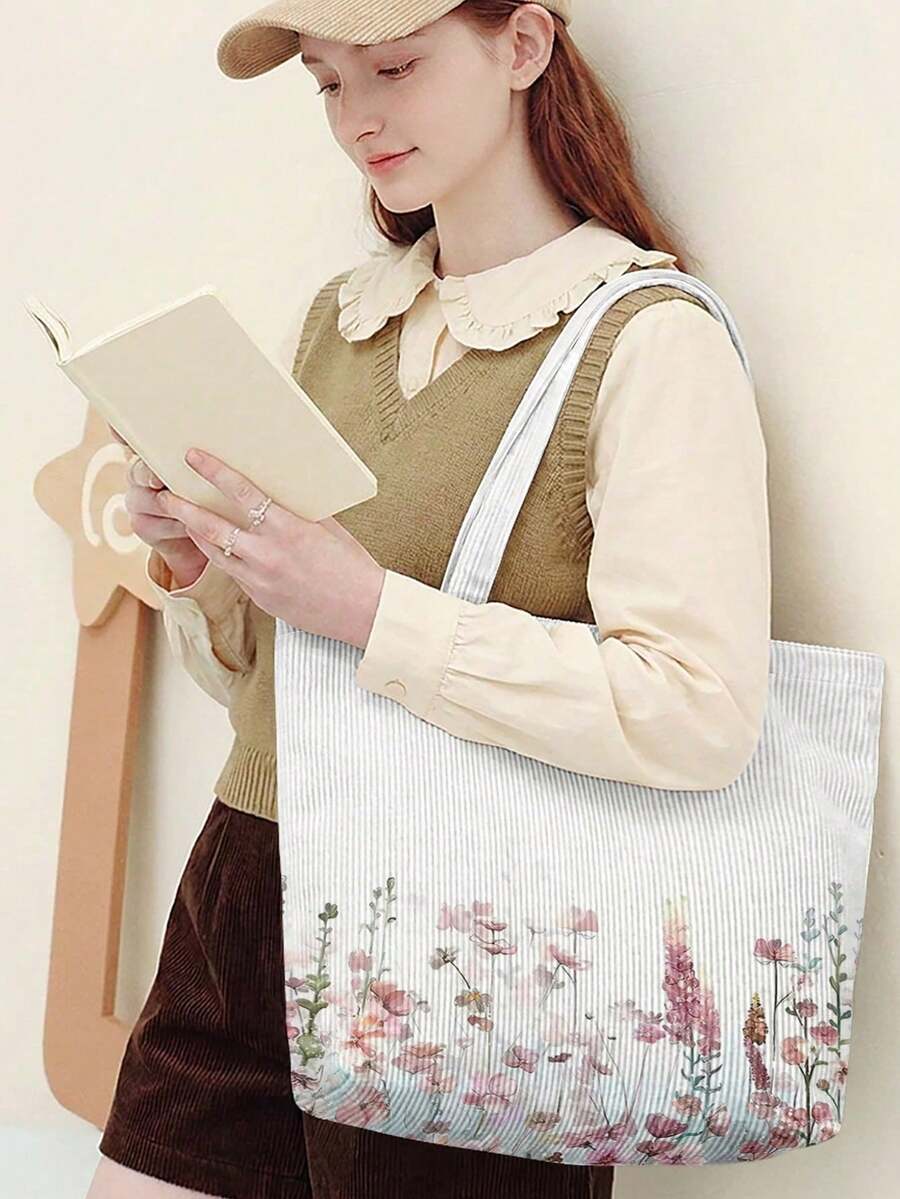 1Pc Flowers & Butterfly Print Corduroy Large Capacity Open Top Tote Bag, Holds Books Daily Essentials For Student School Shopping Daily Travel - Multicolor - View 1