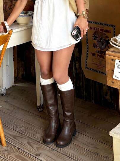 Women's Knee High Riding Boots, Botas De Mujer Elegantes, Smooth Faux Leather Round Toe Side Zip Low Block Heel, Classic Style For Brunch & City Walks