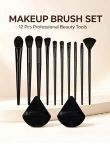 12pcs Beginner Makeup Artist Universal Makeup Brush Set, Includes 10 Face Makeup Brushes + 2 Black Powder Puffs, Foundation, Blush, Contour, Eyeshadow, Loose Powder Full Makeup Tool Kit - Black - View 10