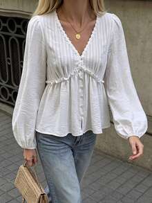 Rusttydustty Women's White Lace Trim V-Neck Lantern Long Sleeve Blouse, Ruffle Waist Design, Suitable For Autumn Daily Commute, Bohemian Style - White - View 3