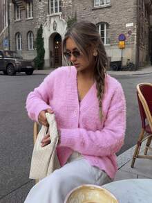 Senya 2026 Women's Pink Fluffy Knit Cardigan, Loose V-Neck Button Front Sweater, Plush Luxury, Sweet And Cute, Suitable For Autumn/Winter Wear, Fashionable And Versatile - Pink - View 7
