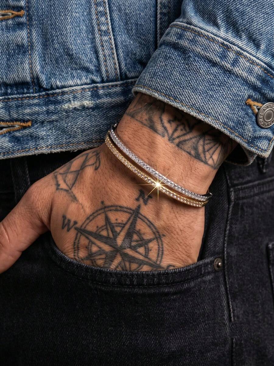 1pc Men's Hip Hop Personalized Round Full Zirconia Inlaid Bracelet, Shiny Stackable Bracelet, Men's Autumn Commute Daily Wear Jewelry - Bracelet - View 1