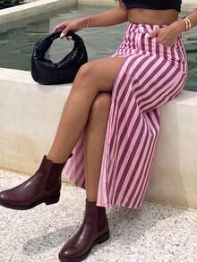 Women's Casual Pink Striped Denim A-Line Maxi Skirt With Slit Design - Pink - View 5
