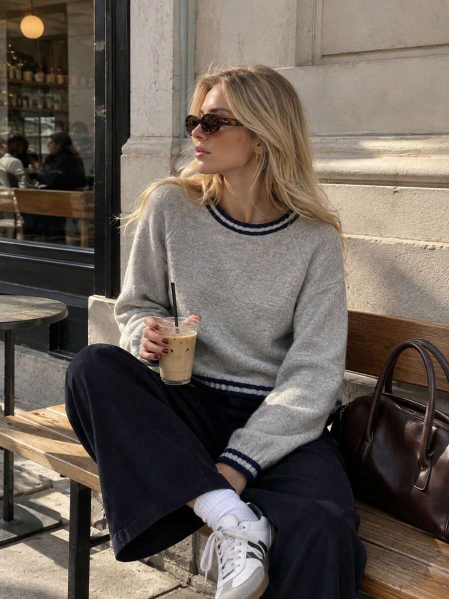 College Style Contrasting Striped Round Neck Knitted Sweater For Women's Autumn And Winter Casual Loose Daily Pullover Top Versatile - Grey - View 1