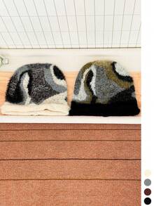 1pc American Vintage Color Block Fuzzy Knit Slouchy Beanie For Women, Autumn Winter Warm Versatile Cold Hat, Face-Flattering Large Head Circumference - Geometric Color Block Faux Mink Trim - View 6