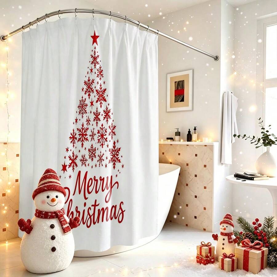 1pc Christmas Tree Shower Curtain, Vintage Design, Waterproof Bath Curtain, Suitable For Bathtub Partition, Bathroom Decor And Bathroom Accessories, Home Decor Gift, Includes 12 Hooks - Multicolor - View 1