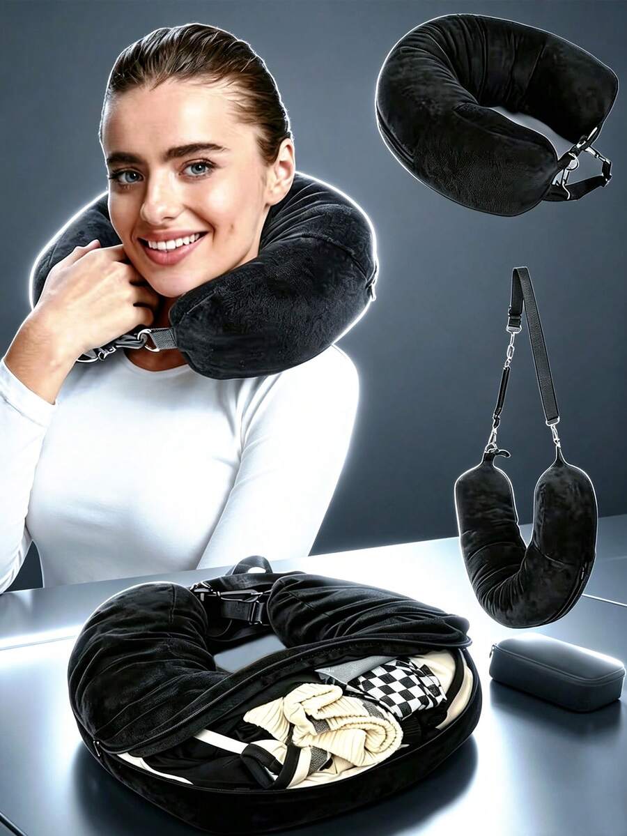 1pc Multi-Functional Adjustable U-Shaped Travel Neck Pillow, Wide & Comfortable Design With Convenient Zipper, Portable Travel Rest Accessory, Suitable For Airplane, Car, Train, Office, Long-Distance Travel, Travel Essential, Cruise Essential, Travel Storage Bag