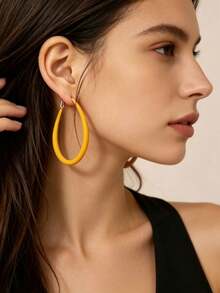 Bright Yellow Matte Large Hoop Earrings, Minimalist Oval Frosted Hoop Earrings, Exaggerated Earrings For Women's Summer Vacation And Party - Multicolor - View 1