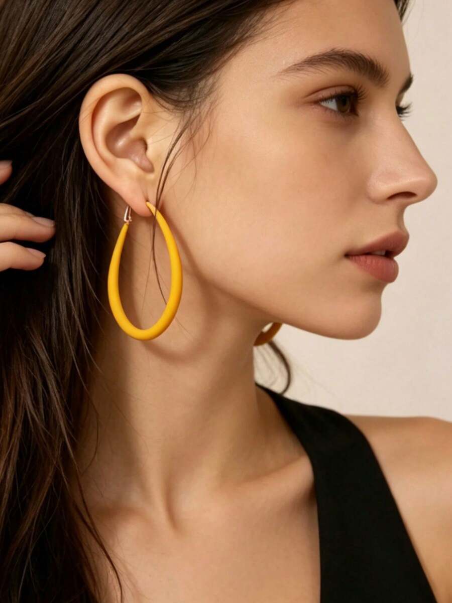 Bright Yellow Matte Large Hoop Earrings, Minimalist Oval Frosted Hoop Earrings, Exaggerated Earrings For Women's Summer Vacation And Party - Multicolor - View 1