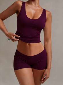 XLLAIS Summer Fashionable Sexy Solid Color U-Neck Sleeveless Fitted Stretchy Casual Sports Tank Top - Purplish-red - View 2