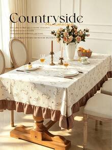 1pc Faux Linen Tablecloth With Scalloped Lace Trim, Polyester Fabric, Botanical Pattern, Rectangular/Square Tablecloth For Dining Room And Living Room Table Decor - Beige - View 7