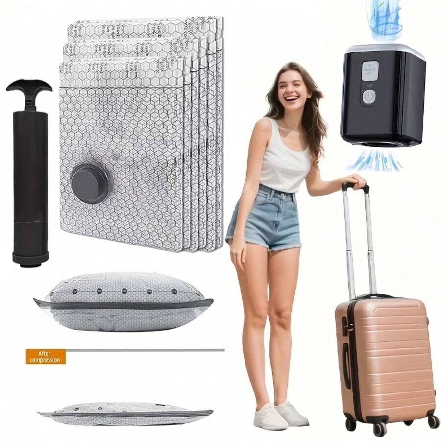 4件組真空收納袋套組，小號、中號、大號尺寸，附手動幫浦，加厚材質，適合旅行與行李收納，適用於床上用品、各種衣物、搬家收納、季節性收納，超省空間，3種尺寸組合，萬聖節、聖誕節物品壓縮袋