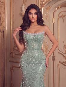 Elegant Strapless Sequin Mermaid Dress, Fitted Silhouette, Flared Mermaid Hem, Suitable For Beach Vacation, Evening Party And Formal Banquet - Mint Green - View 5