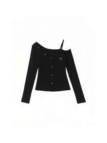 Korean Style Asymmetrical Shoulder Bow Long Sleeve T-Shirt Women Autumn Slim Fit Adjustable Shoulder Strap Asymmetrical Shoulder Top - Black - View 10