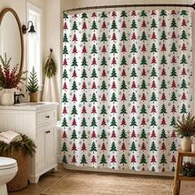 1pc All-Over Plaid Christmas Tree & Snowflake Pattern Christmas Shower Curtain, Red White Green Continuous Design, Waterproof Bathroom Partition Curtain - Suitable For Christmas Bathroom Decor, Easy To Clean, Exquisite Home Decoration, Bathroom Partition Curtain, Decorative Shower Curtain, Bathroom Accessories Home Decor Gift - Includes 12 Hooks - Multicolor - View 1