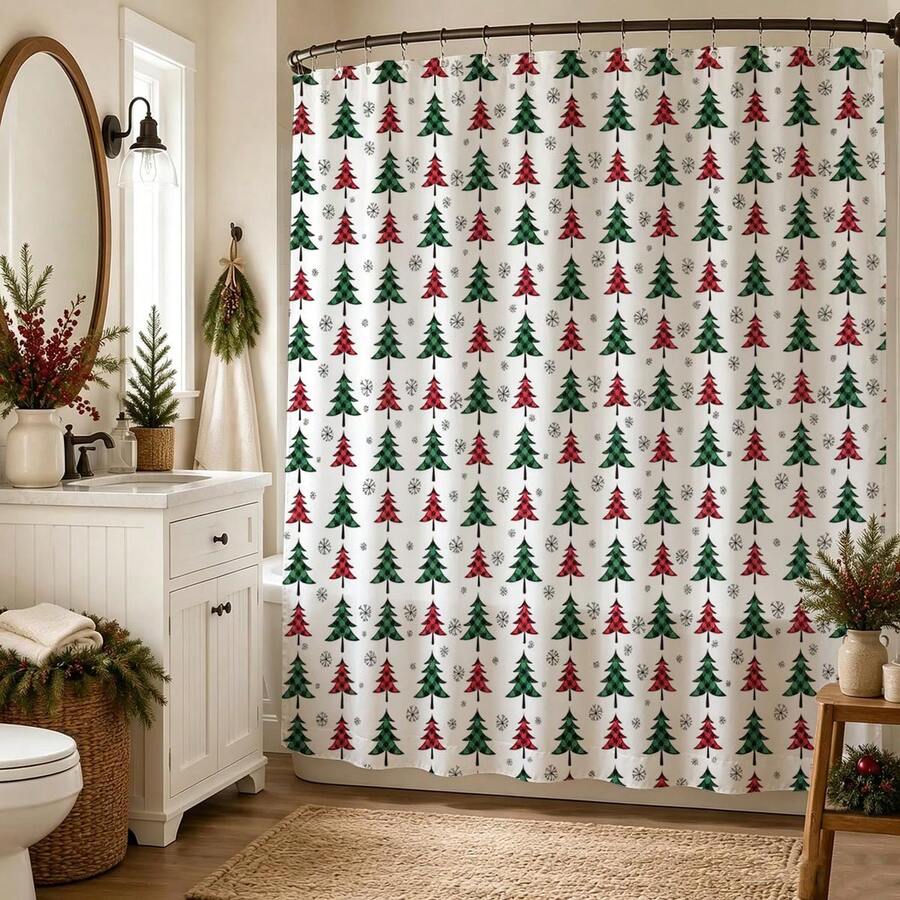 1pc All-Over Plaid Christmas Tree & Snowflake Pattern Christmas Shower Curtain, Red White Green Continuous Design, Waterproof Bathroom Partition Curtain - Suitable For Christmas Bathroom Decor, Easy To Clean, Exquisite Home Decoration, Bathroom Partition Curtain, Decorative Shower Curtain, Bathroom Accessories Home Decor Gift - Includes 12 Hooks - Multicolor - View 1