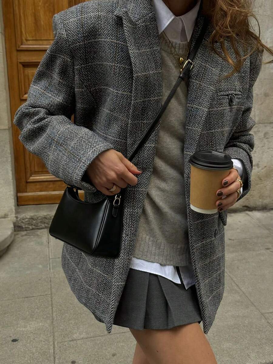 Women's Autumn/Winter New Fashion Commute Versatile Casual Minimalist Premium Herringbone Wool Button Long Sleeve Blazer - Grey - View 1