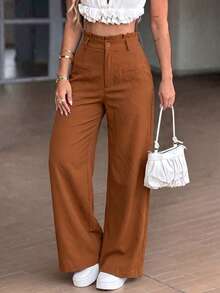 LUNNELUX Women Fall Brown Ruffle High Waist Wide Leg Pants, Button Zip Fly Trousers With Faux Pockets, Casual Daily Vacation Pants - Brick Red - View 3