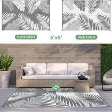 Karpet Luar Ruangan Tahan Air Ukuran 5ft x 8ft, Motif Jerami Plastik Bolak-balik, Cocok untuk Penggunaan Dalam dan Luar Ruangan, Ideal untuk RV, Teras, Patio, Halaman Belakang, Berkemah, Balkon, Piknik, Warna Abu-abu dan Putih - daun berwarna abu-abu dan putih - View 9