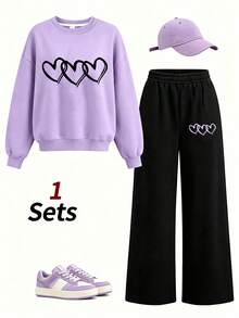 2pcs Girls Casual Set, Includes Heart Print Crew Neck Sweatshirt + Casual Wide Leg Pants, Soft And Comfortable, Suitable For Autumn/Winter Wear - Multicolor - View 2