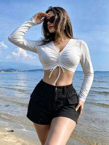 女款夏季高腰工裝短褲，彈性休閒短褲，附彈性腰帶與鈕扣開合，多功能登山短褲，多口袋設計 - 黑色 - 查看 2