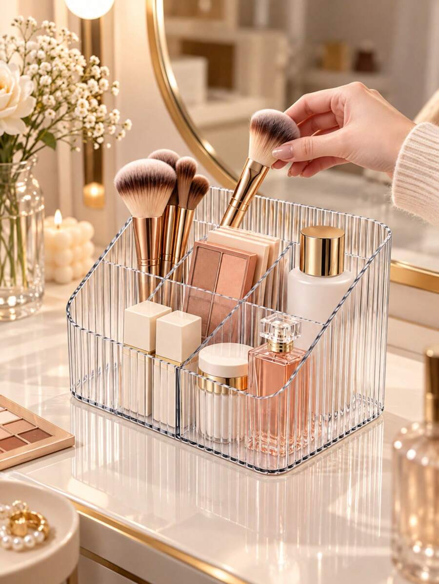 Large Capacity Desktop Organizer Box, Makeup Storage Box, Nail Art Tool Storage Box, Multi-Compartment Desktop Storage Rack, Makeup Brush Holder, Skincare Product Storage Rack, Beauty Accessories Display Storage Box - Clear - View 1