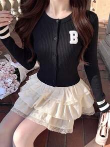 秋冬新款韓式甜美休閒女款針織開襟外套，溫柔風字母刺繡圓領前開襟，羅紋修身顯瘦長袖夾克上衣，百搭日常通勤 - 黑色 - 查看 2
