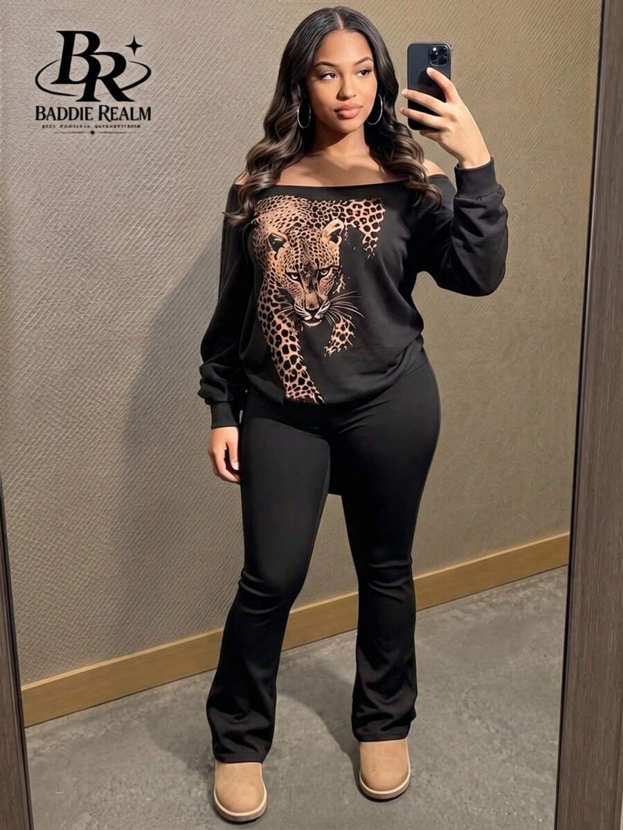 BADDIE REALM Women's Casual Boat Neck Leopard Print Ribbed Knit Top And Flare Pants 2 Pieces Set, Suitable For Autumn - Black - View 1