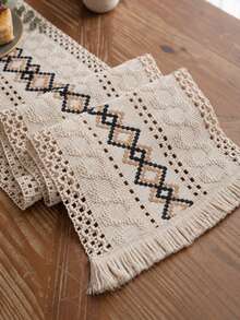 Tokoto 1PC Bohemian Style Linen Woven Table Runner, Farmhouse Country Woven Table Runner With Tassels, Suitable For Dining, Wedding, Bridal Shower - Multicolor - View 11