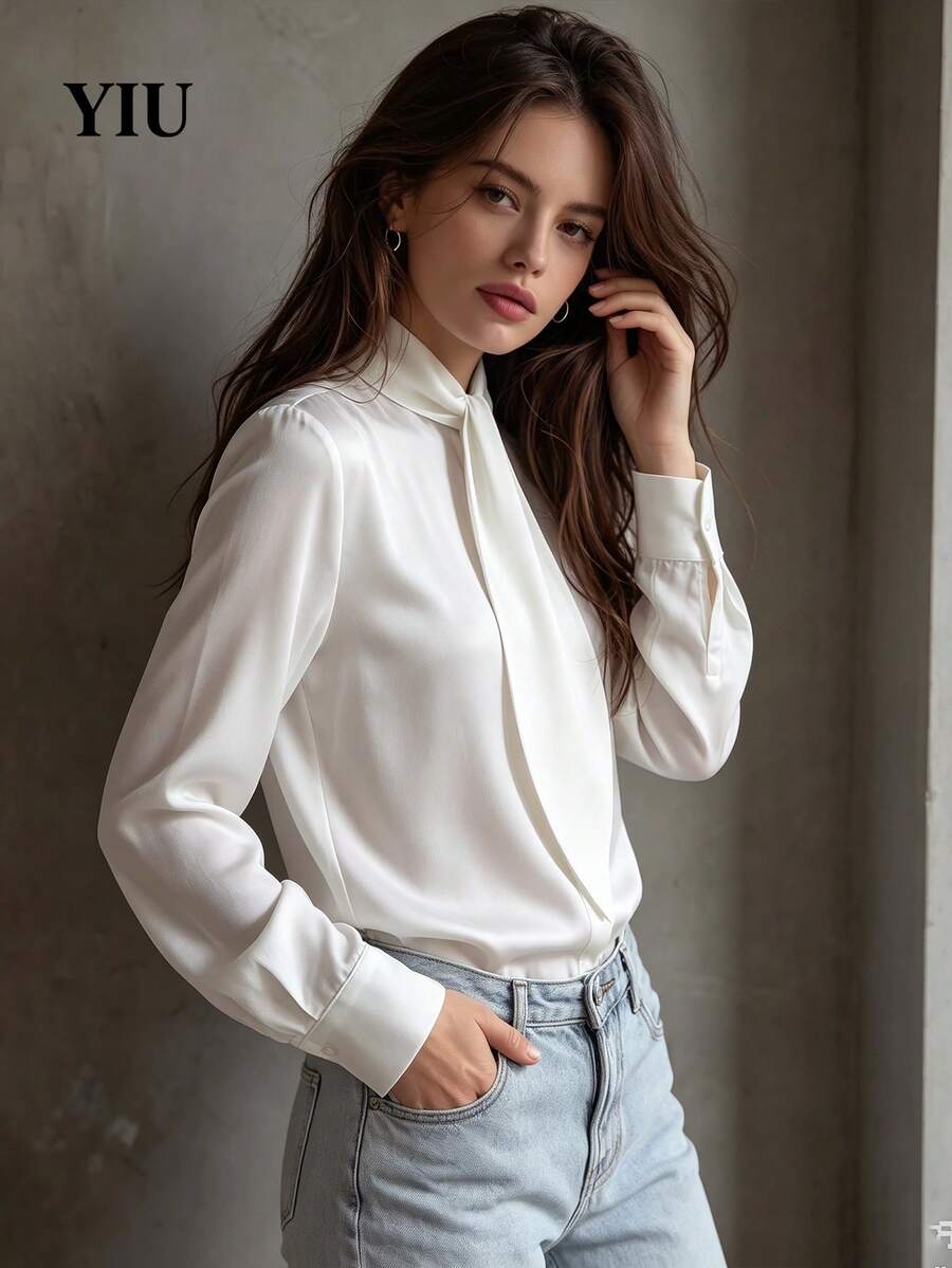 YIU LUMOS Women's White Satin Blouse, High Neck Bowknot Puff Sleeve Shoulder Design, Elegant Vintage Office Top, Suitable For Work, Daily Wear, Dating, Spring/Autumn - White - View 1